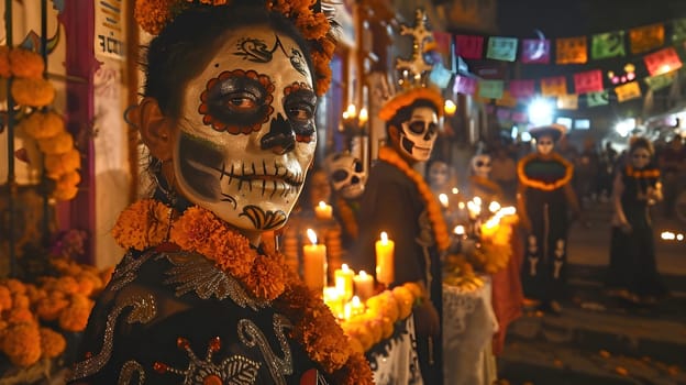 A woman in a Day of the Dead costume, with a traditional sugar skull face paint, smiles at the camera during a celebration in Mexico.