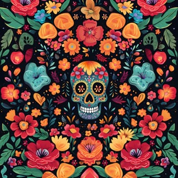 A vibrant floral skull design, a beautiful illustration with colorful flowers arranged around a skull, representing a cultural celebration of life and death.