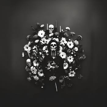 A black and white still life image of a skeleton surrounded by flowers. This image is perfect for a halloween theme or any dark occasion.