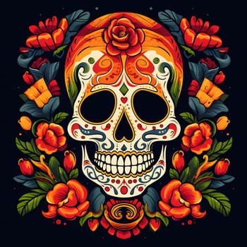 A colorful sugar skull illustration surrounded by vibrant flowers, capturing the essence of Day of the Dead traditions.