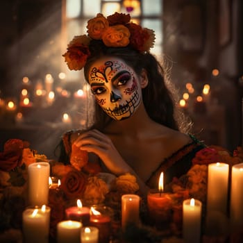 A young woman with Day of the Dead makeup, she's wearing a flower crown and posing in front of a dark backdrop