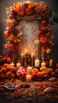 A traditional Day of the Dead altar decorated with marigolds, candles, and other festive decorations.