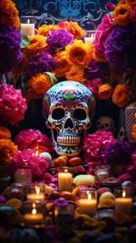 A colorful Day of the Dead altar with a sugar skull, candles, and flowers. This tradition is a celebration of life and death, remembering loved ones who have passed.