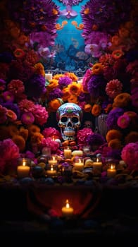 A Day of the Dead altar adorned with colorful flowers, candles, and a sugar skull.