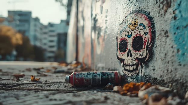 A vibrant graffiti skull painted on a concrete wall with a discarded spray paint can in the foreground. The skull's bright colors and intricate details stand out against the urban backdrop.