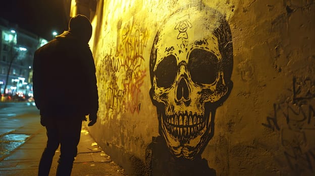 A silhouette of a person walks past a large skull graffiti on a wall in an urban environment at night.