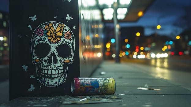 A sugar skull graffiti is painted on a wall at a bus stop, with a can lying on the ground in front of it. The streetlights in the background are blurred, creating a dreamy atmosphere.