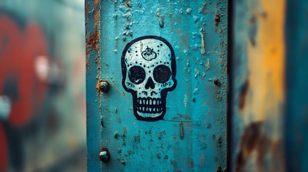 A close-up shot of a black and white skull graffiti on a rusty blue metal surface.