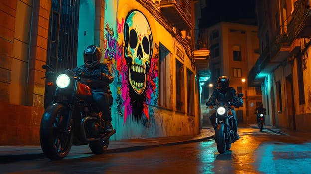 Three motorcycles ride through a narrow urban alley at night. The front motorcycle is in focus and the street is illuminated by the headlights.