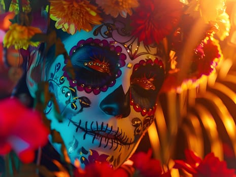 A woman with intricate sugar skull makeup, celebrating the Day of the Dead