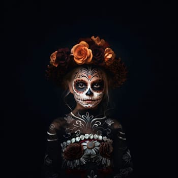 A young girl dressed for Halloween with a sugar skull makeup. The detailed design features bright colors and a beautiful design.