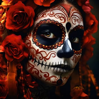 A close-up portrait of a woman with intricate sugar skull makeup, with floral details and a captivating gaze.