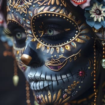 Close-up portrait of a woman with Day of the Dead makeup. The intricate details of the makeup are mesmerizing, highlighting the tradition and beauty of the celebration. The woman's eyes are captivating and the overall effect is dramatic and striking.