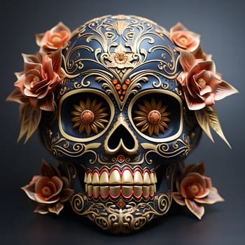 A decorative sugar skull with gold detail and orange flowers.