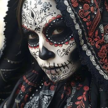 Close up portrait of a woman with sugar skull makeup.