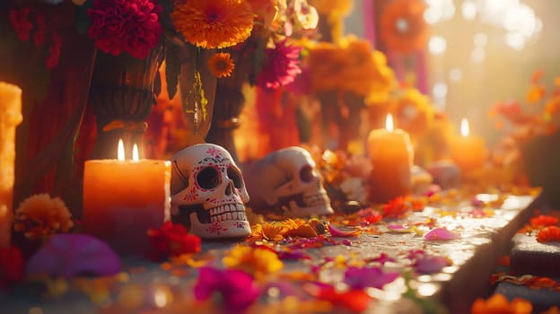 A close-up shot of a Day of the Dead altar with skulls, candles, and flowers. The skulls are decorated with colorful patterns and the candles are lit, creating a warm and inviting atmosphere.