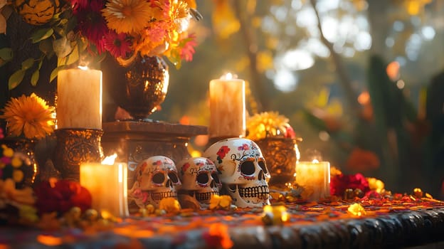 A beautifully decorated Day of the Dead altar with sugar skulls, candles, and flowers. The altar is set up in a forest setting, with blurred foliage in the background.