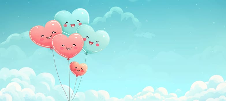 Playful valentine's day banner featuring cartoon heart-shaped balloons with smiling faces, floating against a bright blue sky with fluffy clouds. whimsical design offering ample space for personalized messages in holiday-themed projects.