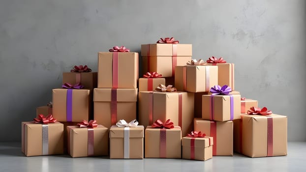 pile of wrapped christmas gifts on blue background, generative ai. High quality photo