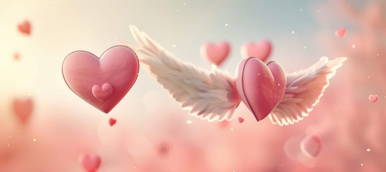Cartoon-style pink hearts with wings float against a soft pastel background, creating a whimsical and romantic valentine's day-themed banner. the design offers ample space for promotional messages or marketing content.