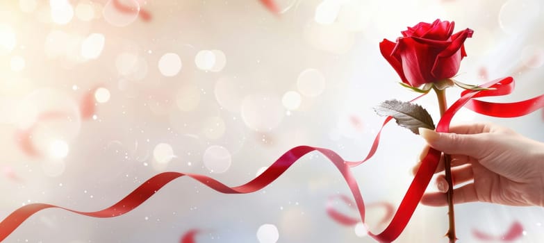 Hand holding a vibrant red rose with its stem wrapped in a flowing red ribbon. the softly blurred background with bokeh highlights creates a luxurious ambiance, perfect for valentine's day themed designs or romantic presentations.