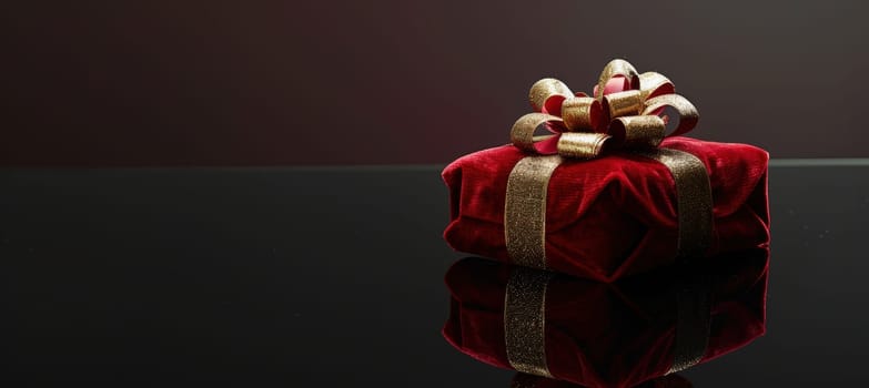 Luxurious red velvet valentine's day gift box adorned with a gold ribbon and bow, placed on a reflective black surface. the elegant presentation and ample negative space make it ideal for promotional designs and advertisements.