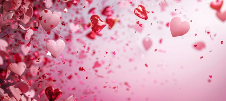 Heart-shaped confetti cascades against a soft pink backdrop, creating a festive and playful valentine's day atmosphere. the design provides ample space for text, perfect for promotional use in cards or posters.