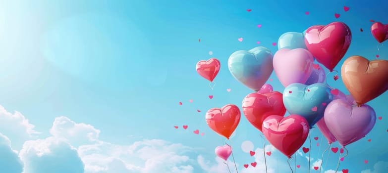 Colorful heart-shaped balloons float against a bright, blue sky with scattered fluffy clouds. the cheerful, fun valentine's day theme offers space for text, making it ideal for greeting cards or festive digital designs.