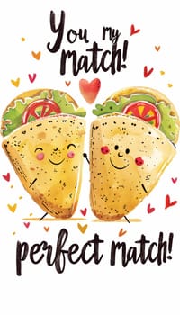 Playful valentine's day card showcasing two smiling tacos with heart-shaped toppings. featuring the joyful message "you're my perfect match!" in bold lettering, this design exudes lighthearted romance and charm.