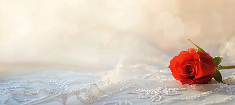 A single red rose rests gracefully on a white lace tablecloth, softly lit to highlight its delicate petals. the elegant composition provides ample space at the top for a romantic promotional message or design elements.