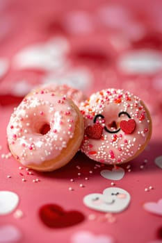 Whimsical valentine's day themed card showcasing two cheerful donuts with heart-shaped sprinkles on a pink background. emphasizes a joyful and light-hearted celebration of love, ideal for spreading sweet messages.