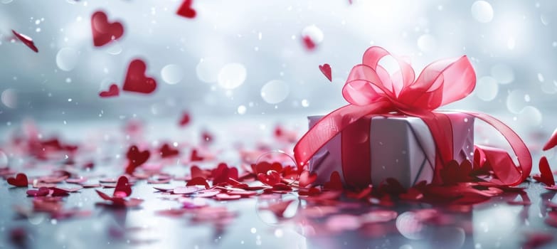 A beautifully wrapped gift box adorned with a red ribbon surrounded by scattered heart-shaped confetti on a glossy white surface. the shimmering background and vibrant design evoke romance, perfect for valentine’s themes.