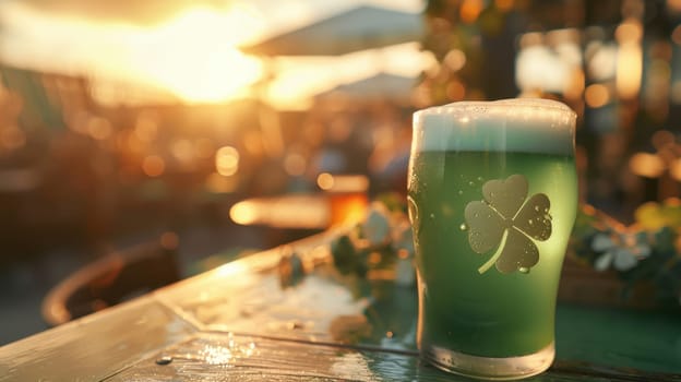 Vibrant pint of green beer topped with a shamrock-shaped foam, set on a table in an outdoor bar during a lively st. patrick's day celebration. the setting sun adds a warm glow to the festive atmosphere.