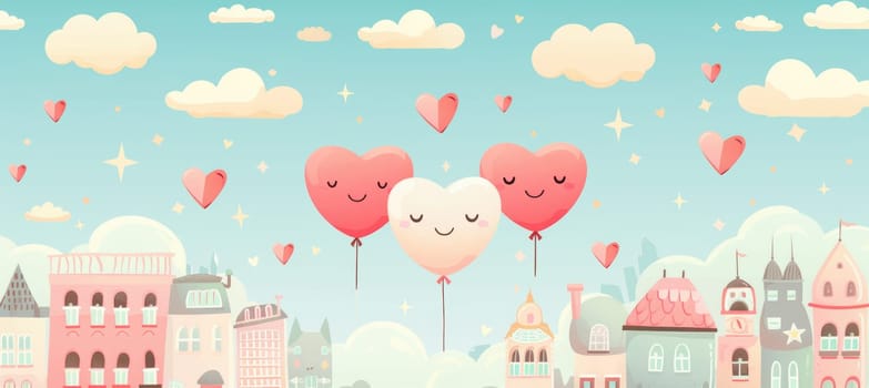 Cheerful valentine's day-themed banner showcasing cartoon-style heart-shaped balloons floating over a pastel cityscape. smiling clouds and heart-shaped stars fill the sky, enhancing the fun and playful atmosphere.