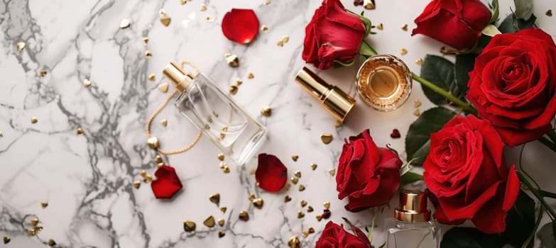 Luxury perfume bottles, gold jewelry, and vibrant red roses are beautifully arranged on a white marble surface, perfect for a valentine's day theme. the sophisticated design offers space for text or messaging.