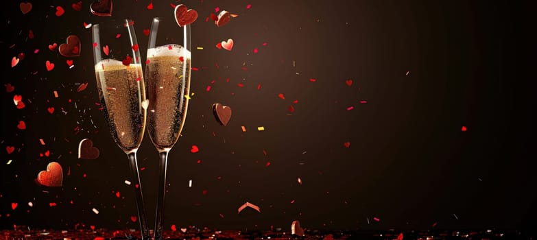 Champagne flutes clink amid falling heart-shaped confetti against a dark, elegant background, evoking romance and celebration. ideal for valentine's day designs in print, posters, and banners.