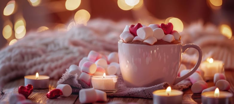 Warm scene featuring a cup of hot chocolate with heart-shaped marshmallows amidst glowing candles and soft lights. ideal for valentine's day designs, providing a cozy, romantic ambiance with ample space for text.
