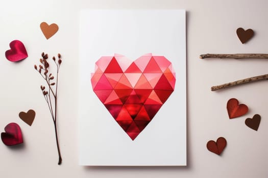 A contemporary valentine's day card featuring a geometric heart design with red and pink triangles. accented by dried branches and heart-shaped cutouts, the layout is perfect for a stylish and minimal aesthetic.