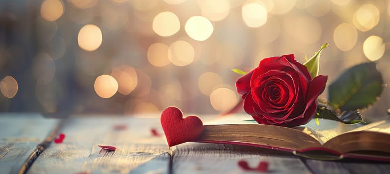 A vibrant red rose rests atop an open book, accompanied by a heart-shaped bookmark. soft bokeh lights enhance the romantic and thoughtful mood, ideal for valentine's day designs and celebrations.