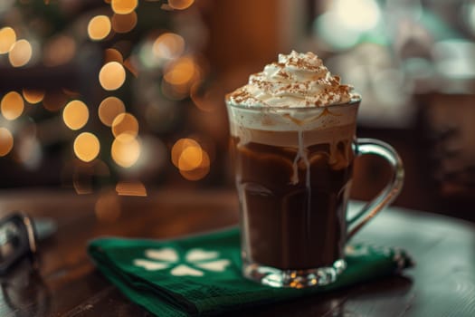 A close-up of a traditional irish coffee topped with whipped cream and nutmeg, set in a cozy café ambiance. a shamrock-adorned napkin adds a festive touch, perfect for celebrating st. patrick's day.