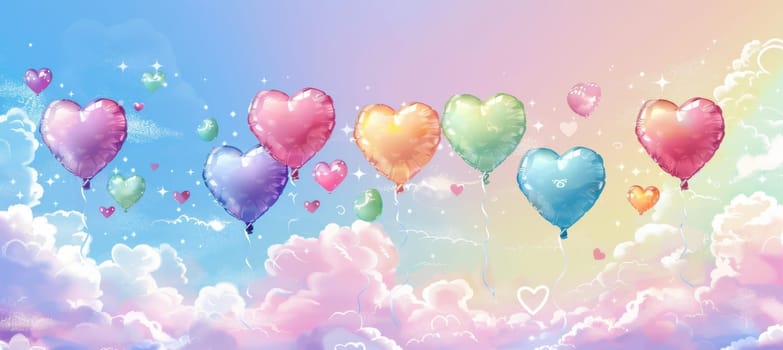 Cartoon-style heart balloons float in a pastel sky with heart-shaped clouds and stars, creating a whimsical valentine's theme. the vibrant design is ideal for holiday banners, cards, or posters.