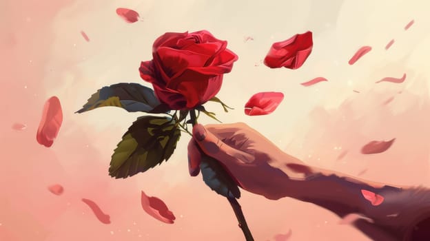 A hand gracefully holds a striking red rose amidst delicate pink petals set against a soft, elegant background. perfect for conveying romance and affection, this design is ideal for greeting cards and romantic themes.