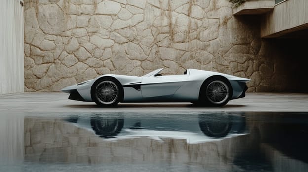 Silver luxury sports car is parked on a wet concrete floor in a modern minimalist garage with a stone wall. The car is reflecting in the water on the floor