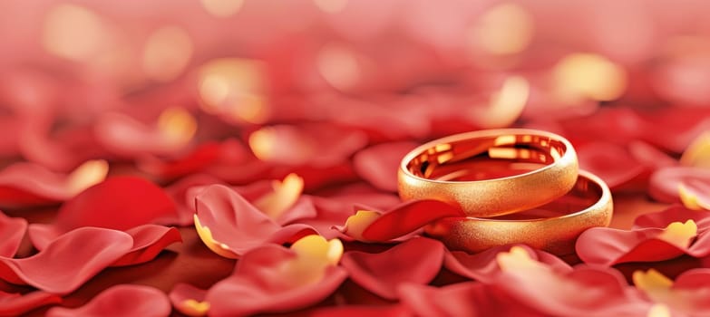 Gold wedding bands rest among red rose petals, evoking romance and elegance. this luxurious valentine's day concept provides a perfect backdrop for romantic messages, designs, and print materials.