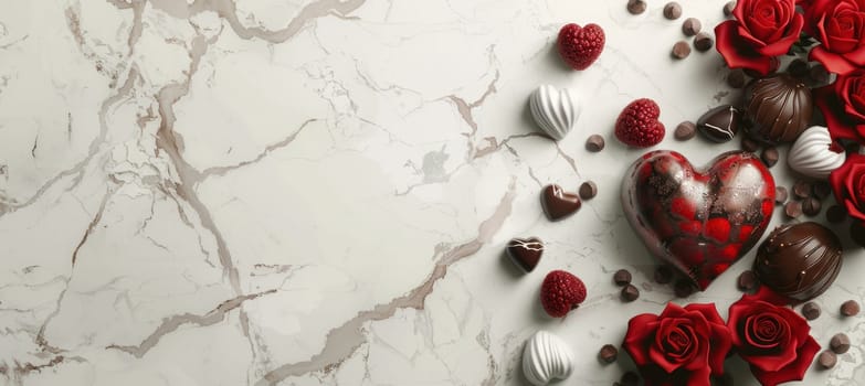 Luxurious valentine's day banner showcasing a heart-shaped arrangement of chocolates and vibrant red roses on a marble surface. soft lighting enhances the rich colors, perfect for romantic designs, cards, or posters.