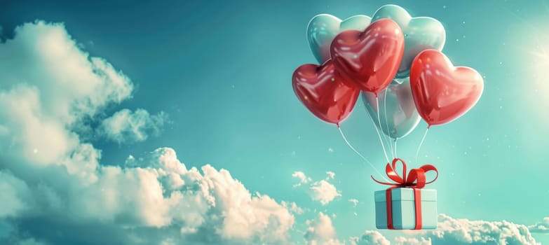 Vibrant valentine's day banner showcasing colorful heart-shaped balloons tied to a gift box, floating in a bright blue sky with fluffy clouds. the cheerful design festive and loving spirit of the holiday.