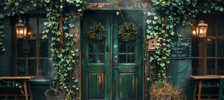 Rustic irish pub entrance decorated with green garlands, shamrock symbols, and a welcoming chalkboard. inviting ambiance for st. patrick's day festivities, perfect for posters and event promotions.