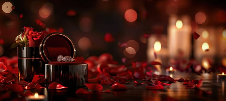 Valentine's day themed setup showcasing a luxurious jewelry box with an exquisite diamond ring. the scene is adorned with rose petals and illuminated by soft candlelight, creating a romantic ambiance perfect for promotional designs.