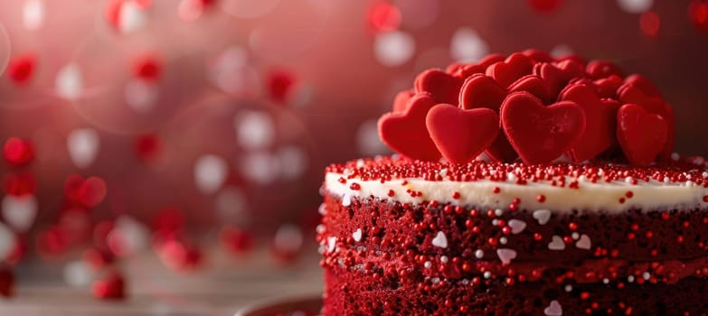 Red velvet cake adorned with heart-shaped sprinkles, ideal for valentine's day. the blurred background enhances the dessert's focus, leaving space for personalized text. perfect for design and promotional use.