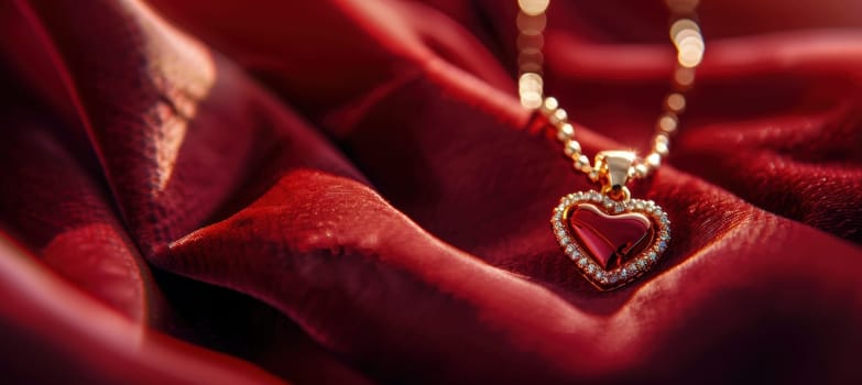 Gold heart pendant necklace elegantly displayed on a plush red velvet cushion, with subtle lighting enhancing its intricate details. perfect for valentine's day themes and luxurious design projects.